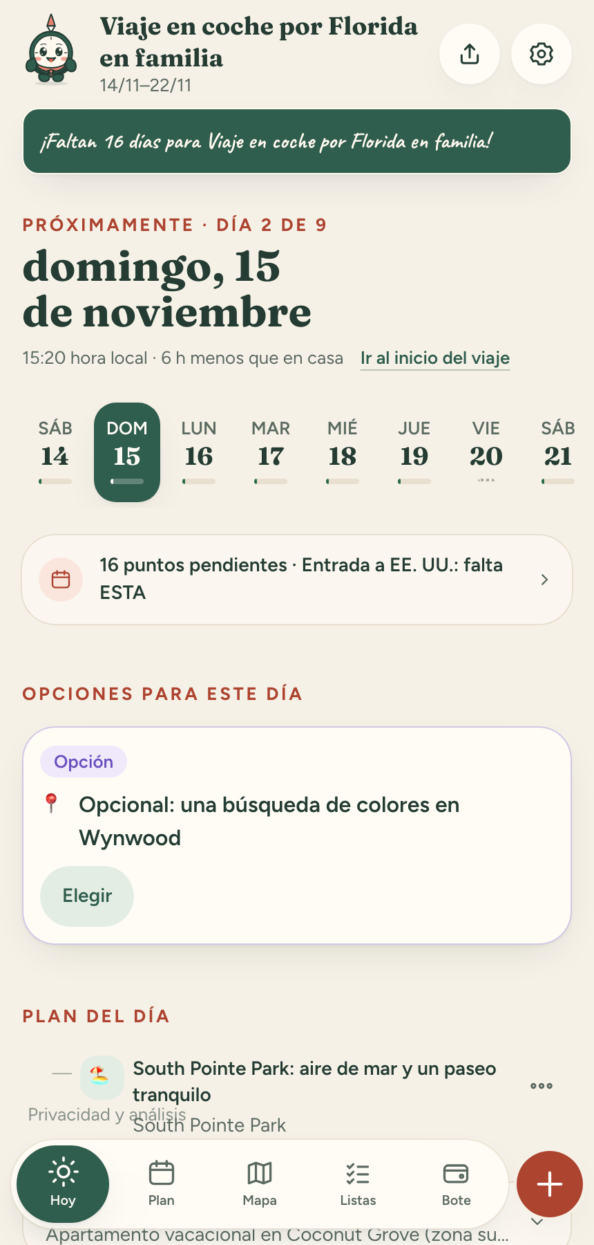 Demostración de Compi en español: programa de un día del viaje de ejemplo por Florida.