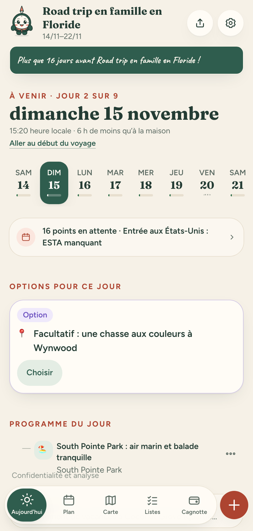 Démonstration de Compi en français : programme d’une journée du voyage d’exemple en Floride.