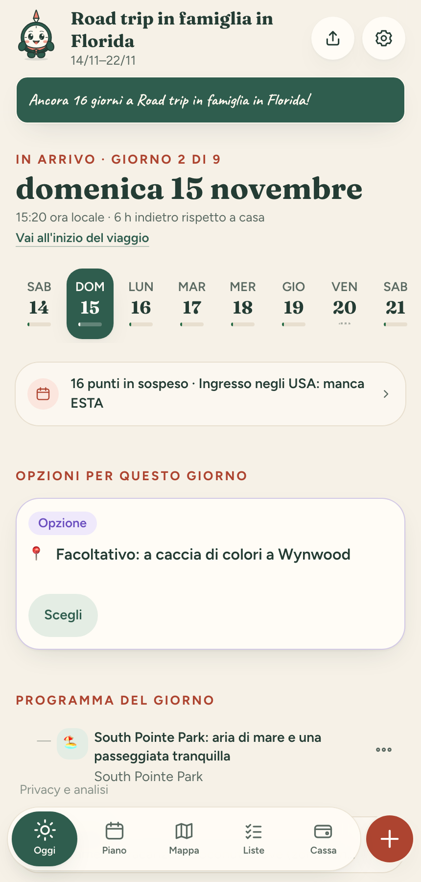 Dimostrazione di Compi in italiano: programma di una giornata del viaggio di esempio in Florida.