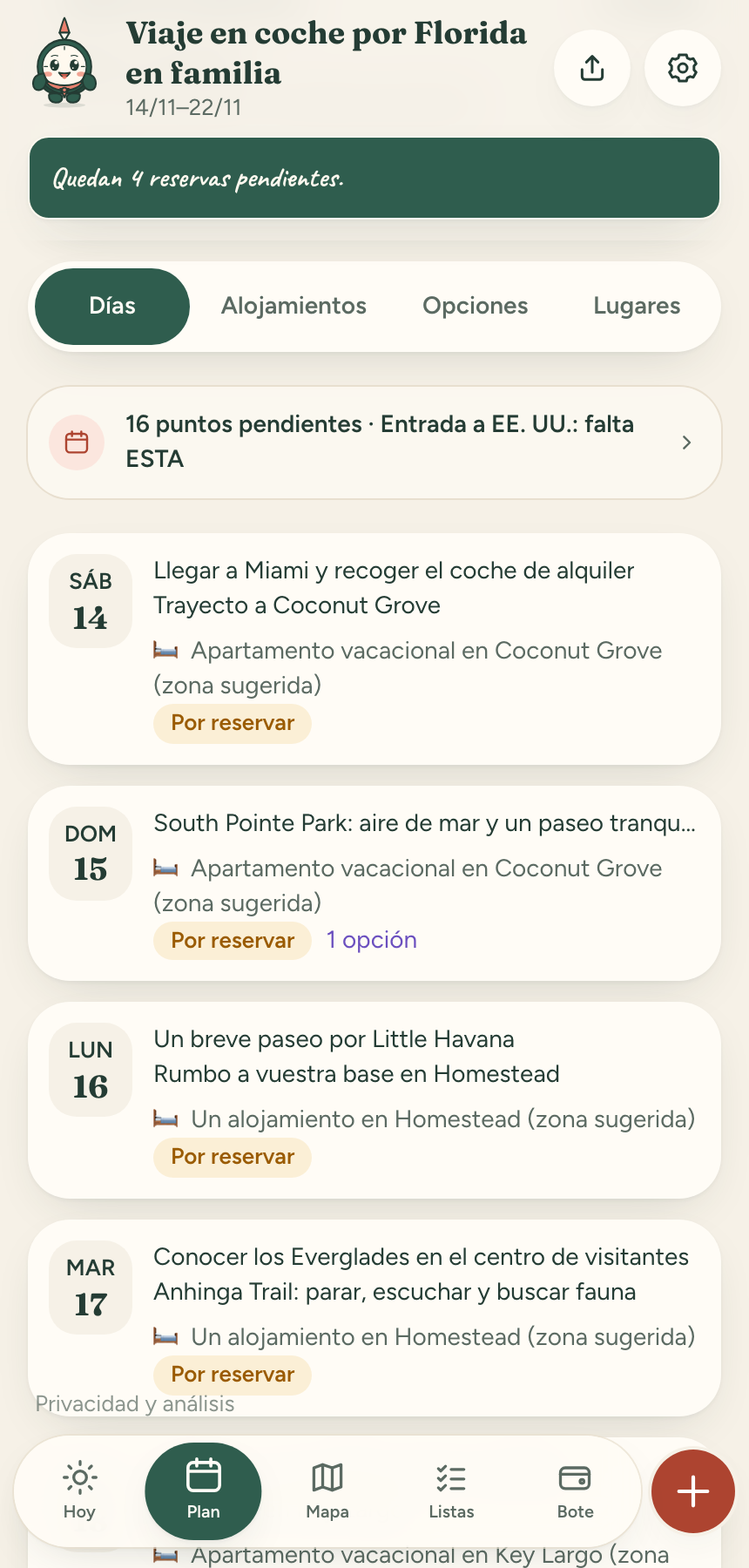 Demostración de Compi en español: viaje de ejemplo por Florida con días y sugerencias de alojamiento.
