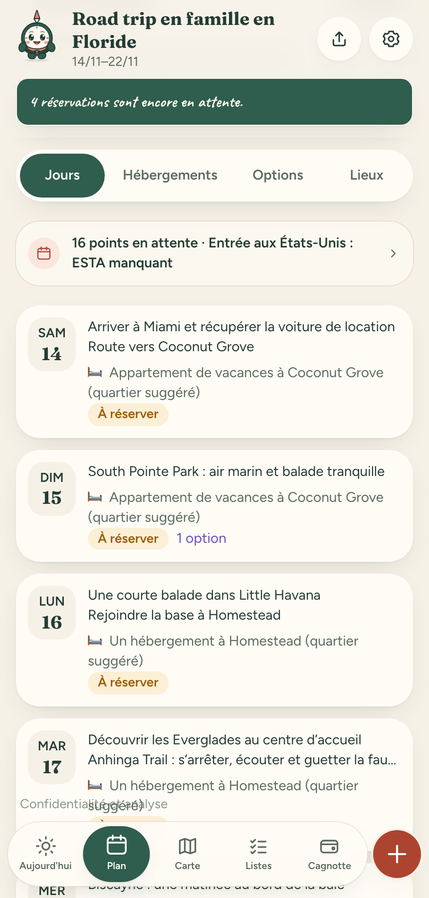 Démonstration de Compi en français : voyage en Floride avec journées et hébergements suggérés.