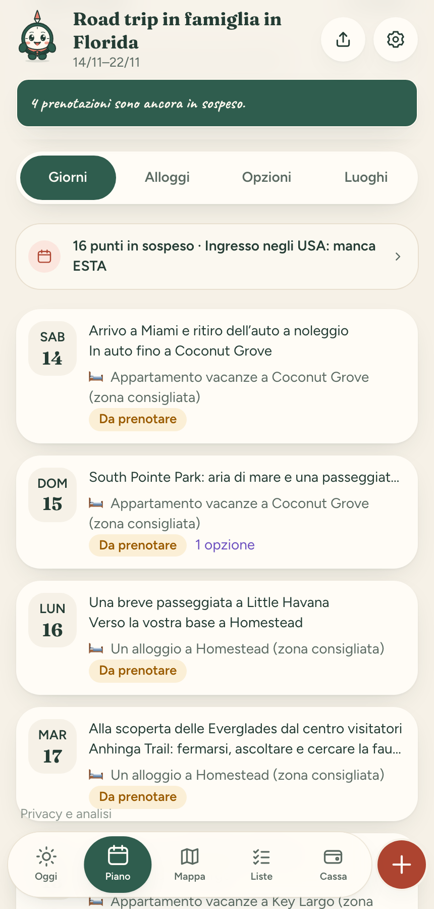 Dimostrazione di Compi in italiano: viaggio in Florida con giornate e alloggi suggeriti.